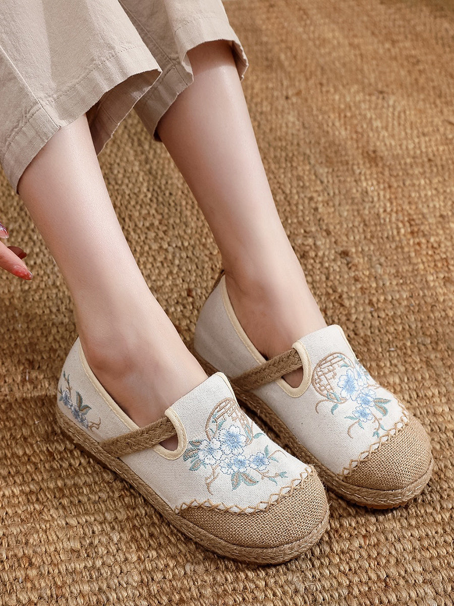 Women Vintage Summer Flower Cloth Linen Shoes