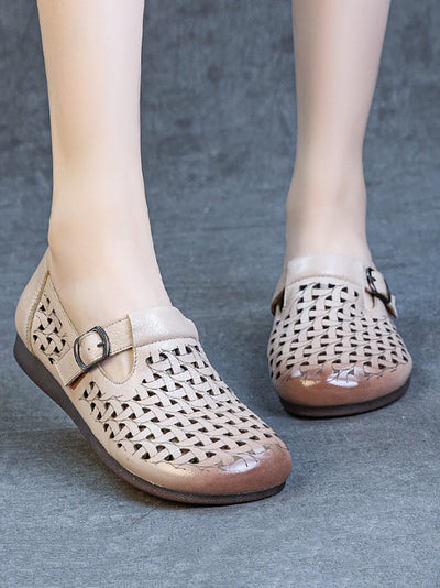 Women Casual Soft Leather Hollow Out Low Heel Shoes