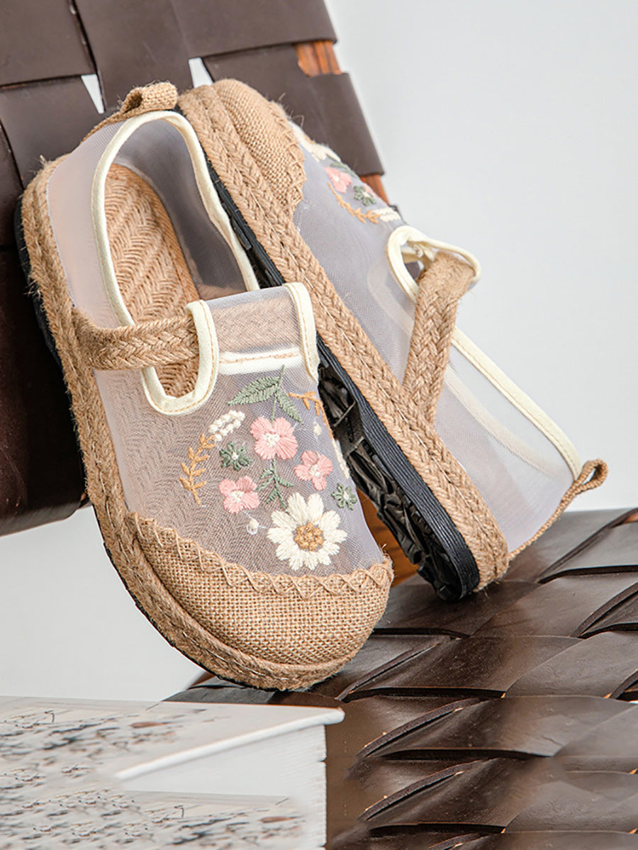 Women Summer Artsy Flower Embroidery Linen Slippers