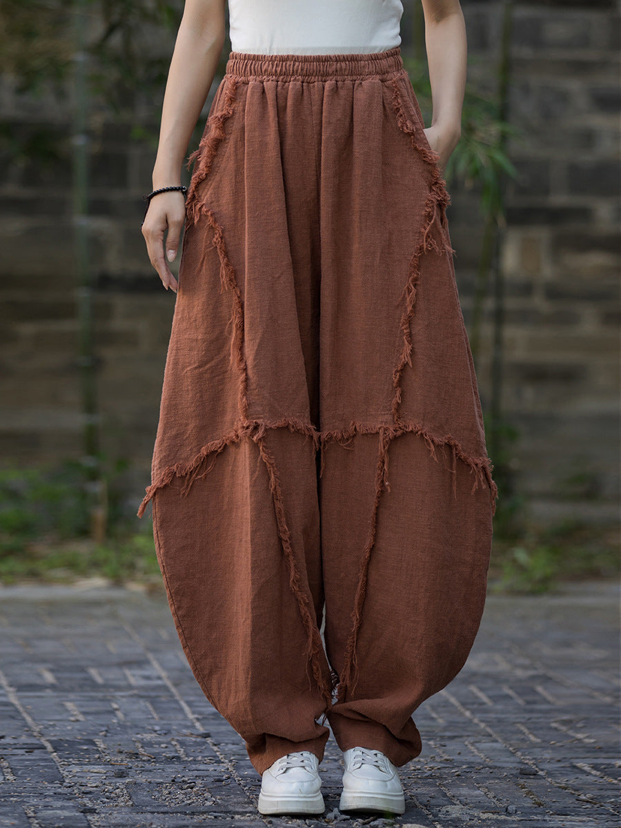 Women Summer Worn Raw-edge Ramie Harem Pants
