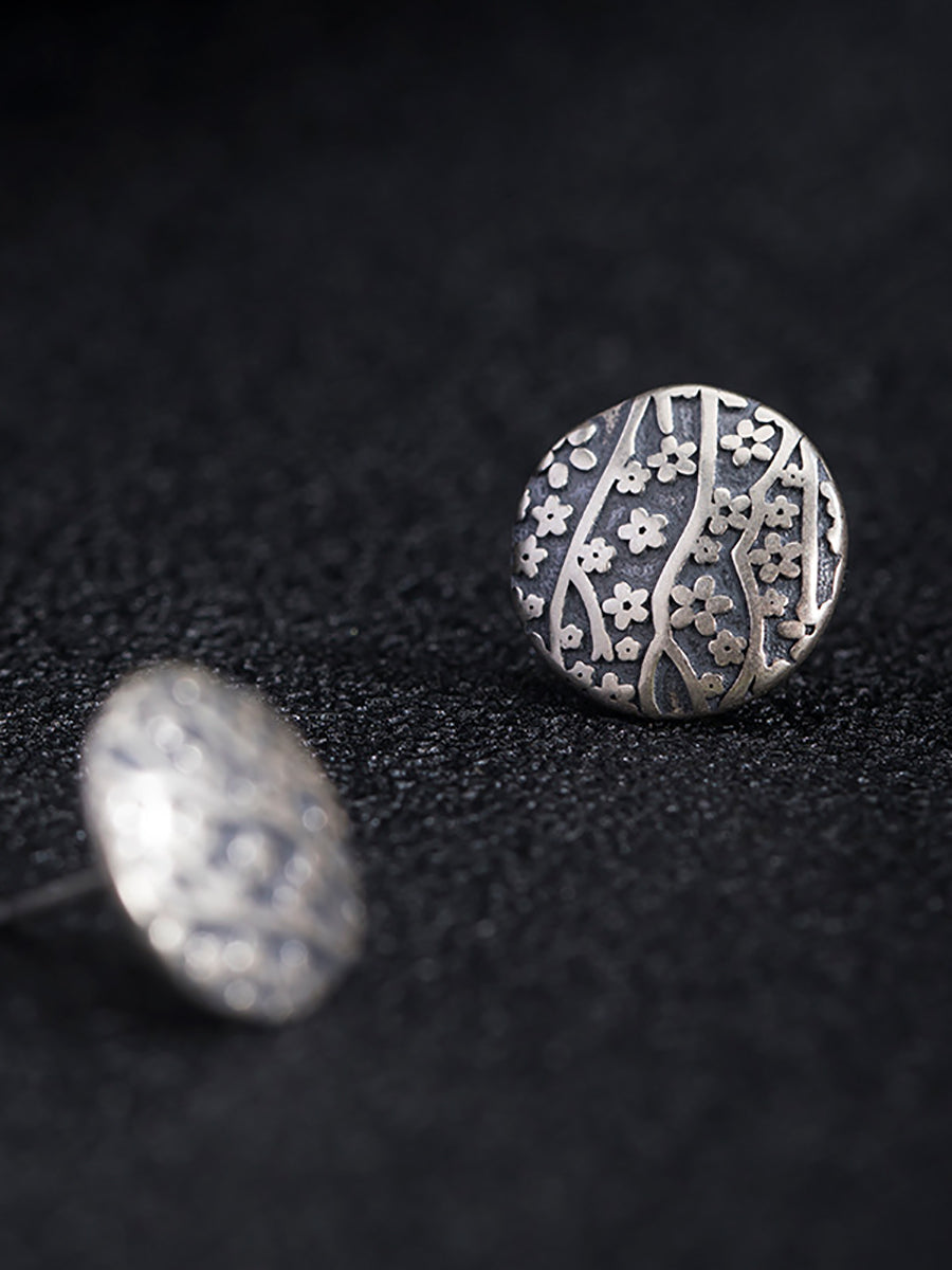 Women Vintage Silver Flower Carve Round Earrings