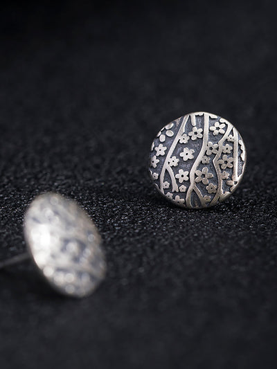 Women Vintage Silver Flower Carve Round Earrings