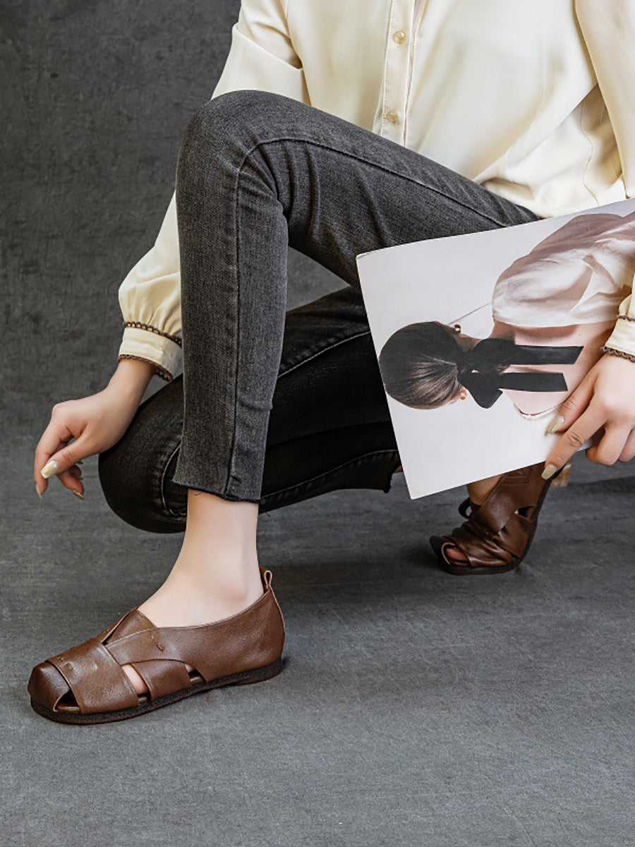Women Vintage Genuine Leather Flat Sandals
