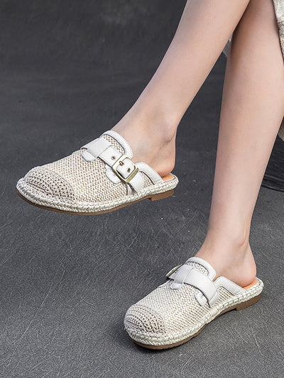 Women Summer Weave Leather Spliced Slippers