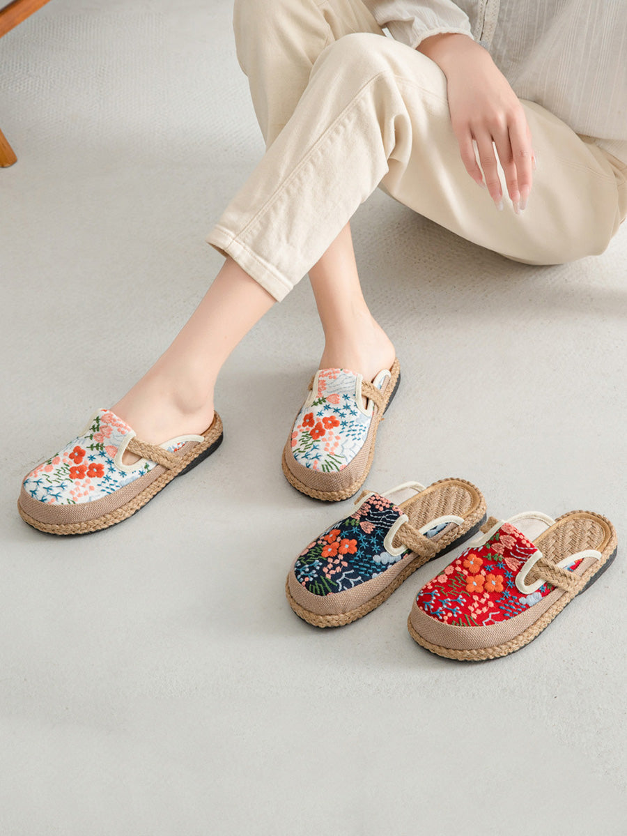 Women Summer Ethnic Flower Embroidery Cotton Slippers