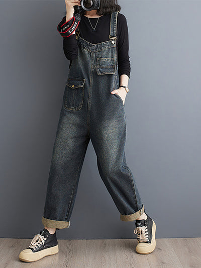Women Summer Retro Pure Color Denim Long Jumpsuits