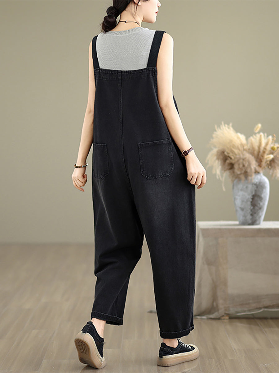 Women Summer Casual Pure Color Denim Loose Jumpsuits
