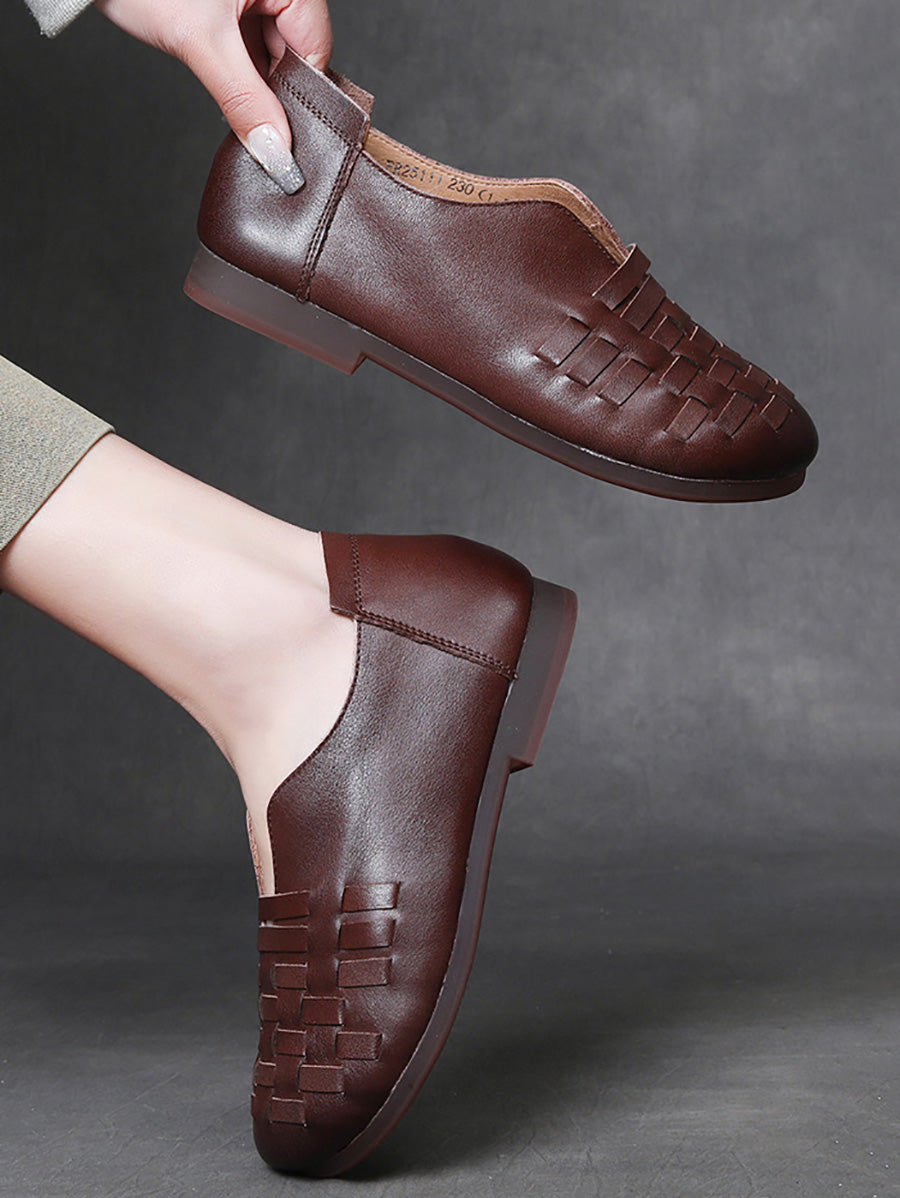 Women Retro Leather Weave Low Heel Shoes