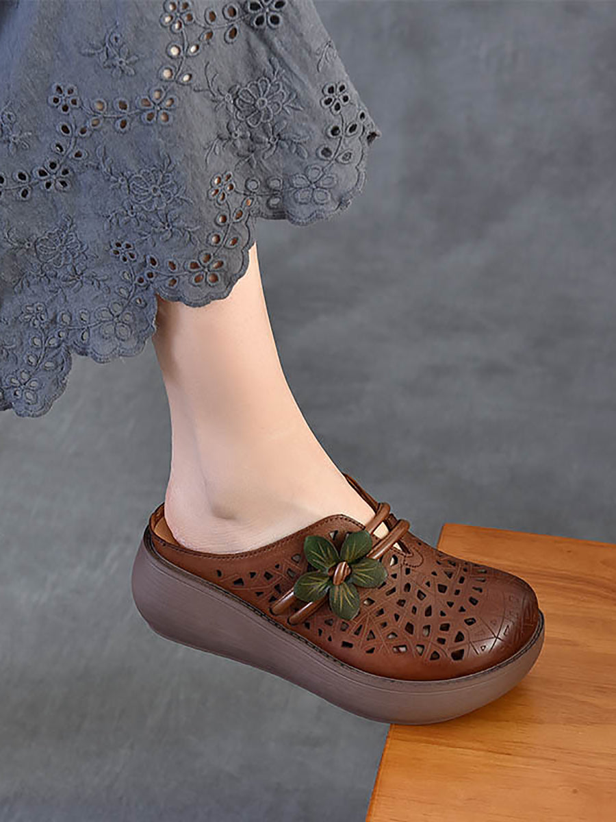 Women Ethnic Leather Flower Hollow Out Platform Slippers