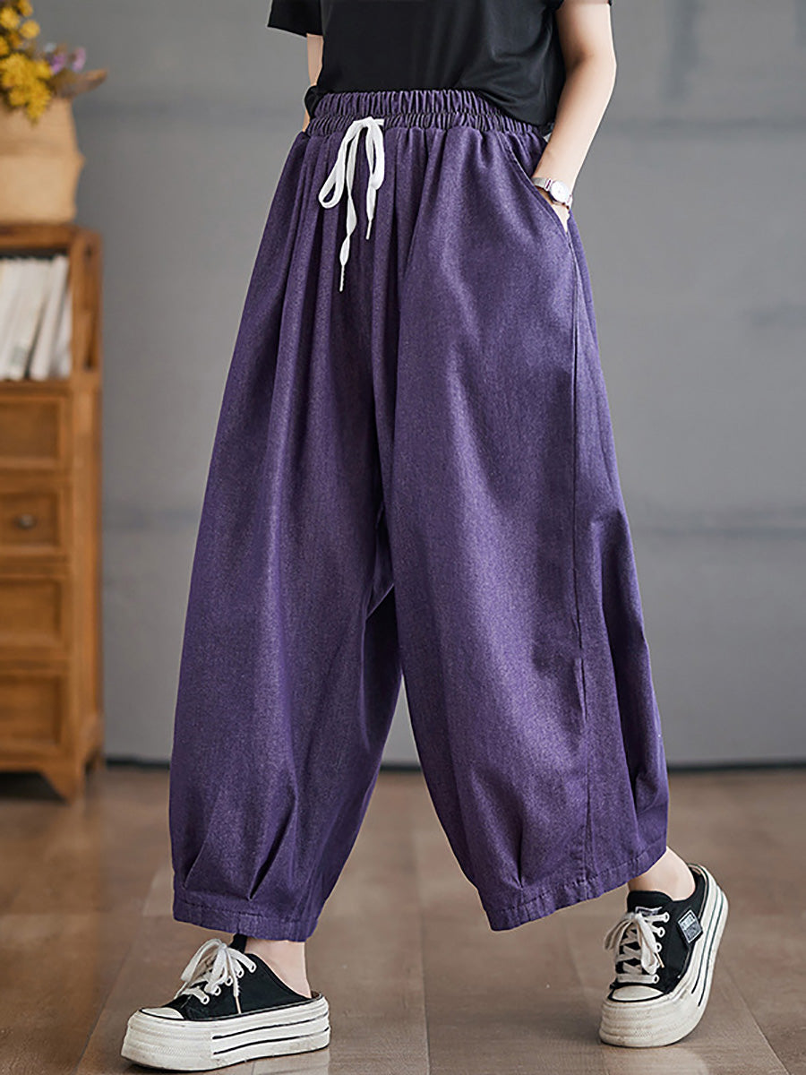 Women Summer Casual Pure Color Cotton Harem Pants