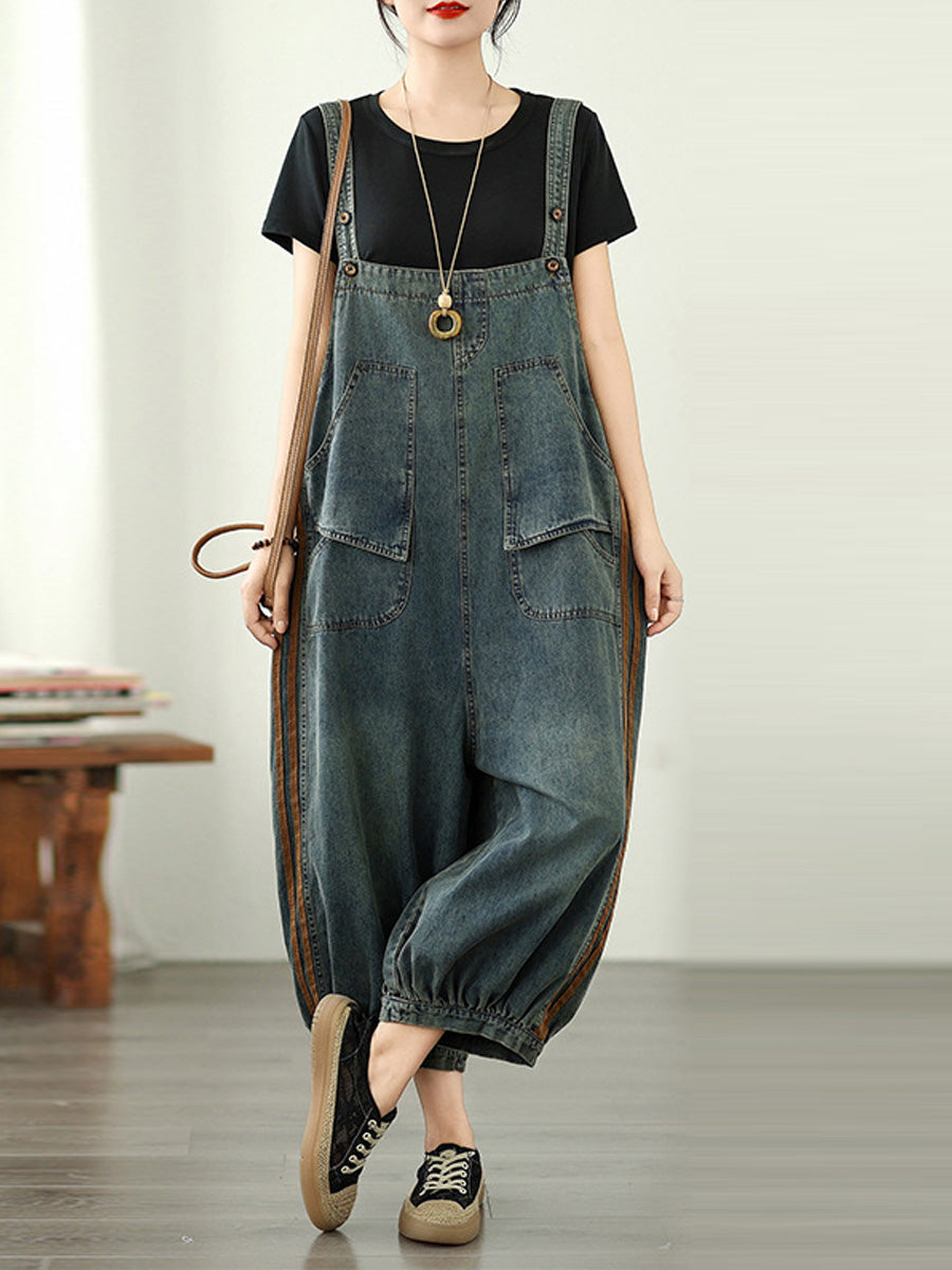 Women Summer Worn Stripe Denim Loose Jumpsuits