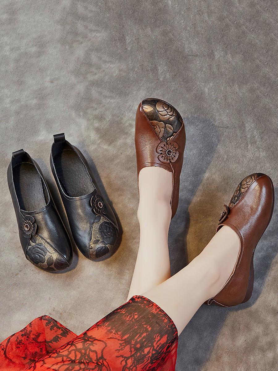 Women Retro Flower Leather Spliced Low Heel Shoes