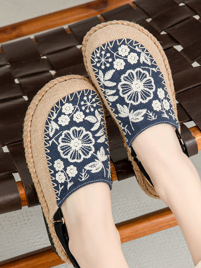 Women Ethnic Flower Embroidery Linen Sandals