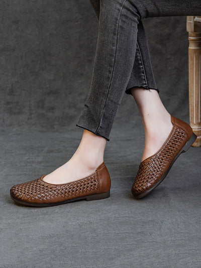 Women Summer Vintage Leather Weave Low Heel Shoes