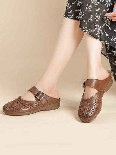 Women Vintage Genuine Leather Low Heel Slippers
