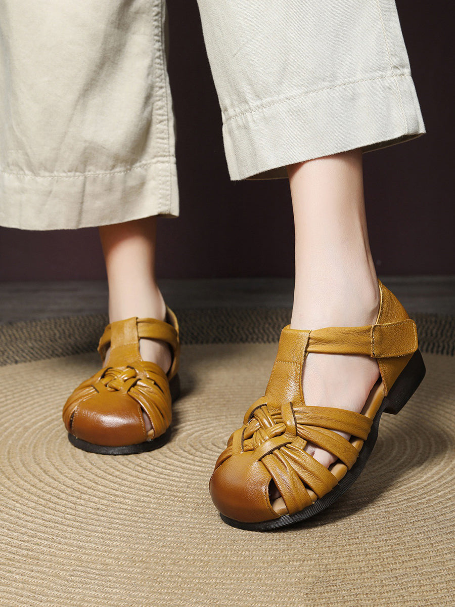 Women Casual Summer Leather Weave Low Heel Shoes