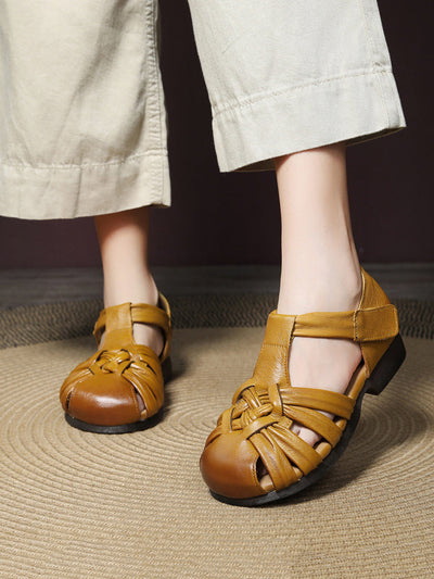 Women Casual Summer Leather Weave Low Heel Shoes