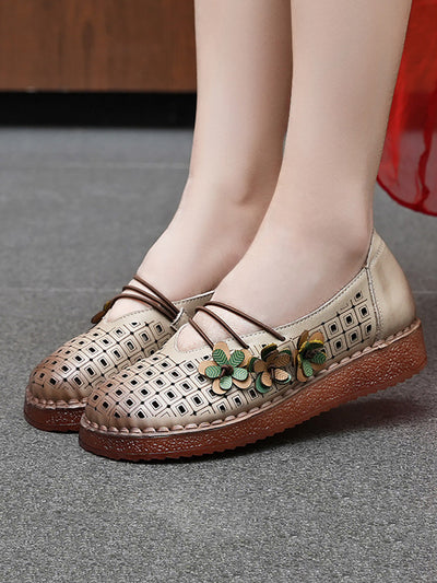 Women Summer Leather Flower Spliced Low Heel Shoes