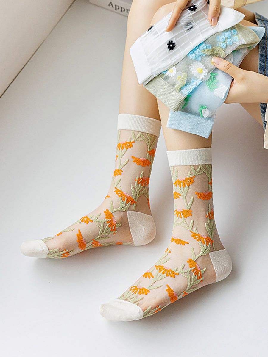 4 Pairs Women Summer Flower Jacquard Socks