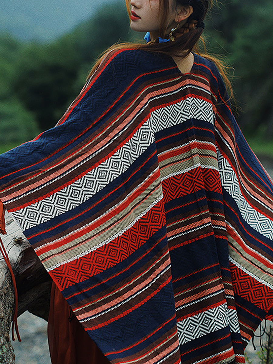 Women Ethnic Colorblock Stripe Tassel Shawl Scarf