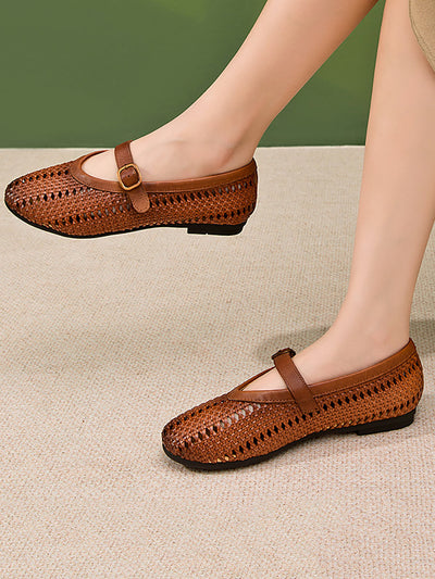 Women Vintage Leather Weave Low Heel Sandals
