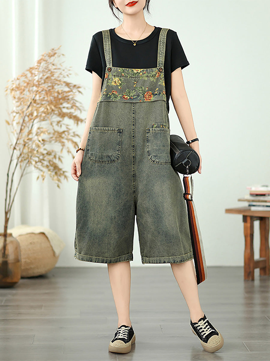 Women Summer Flower Spliced Denim Fifth Jumpsuits