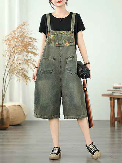 Women Summer Flower Spliced Denim Fifth Jumpsuits