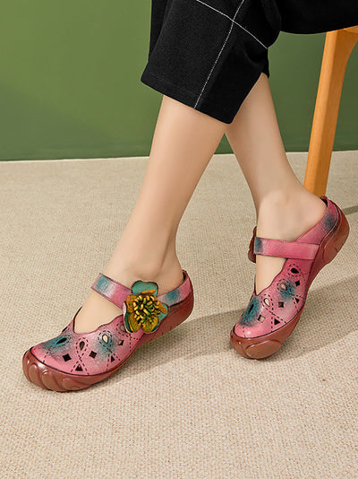 Women Artsy Colorblock Leather Flower Flat Sandals