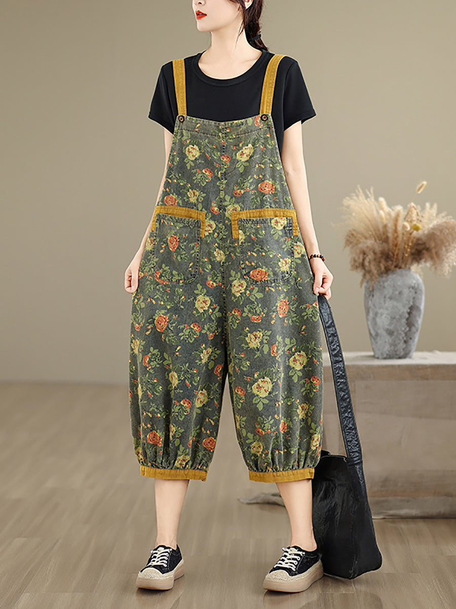 Women Summer Flower Denim Cropped Jumpsuits
