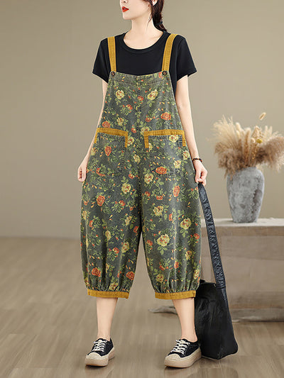 Women Summer Flower Denim Cropped Jumpsuits