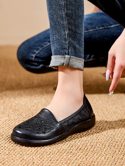 Women Summer Soft Leather Flower Mid Heel Shoes