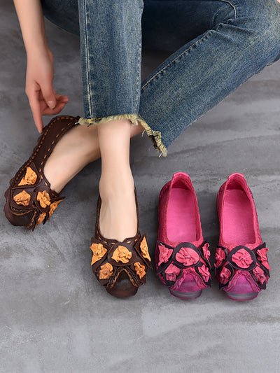 Women Ethnic Colorblock Flower Leather Shoes