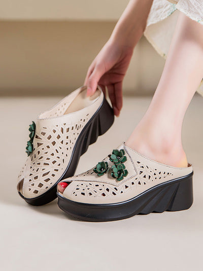 Women Summer Hollow Out Leather Platform Slippers
