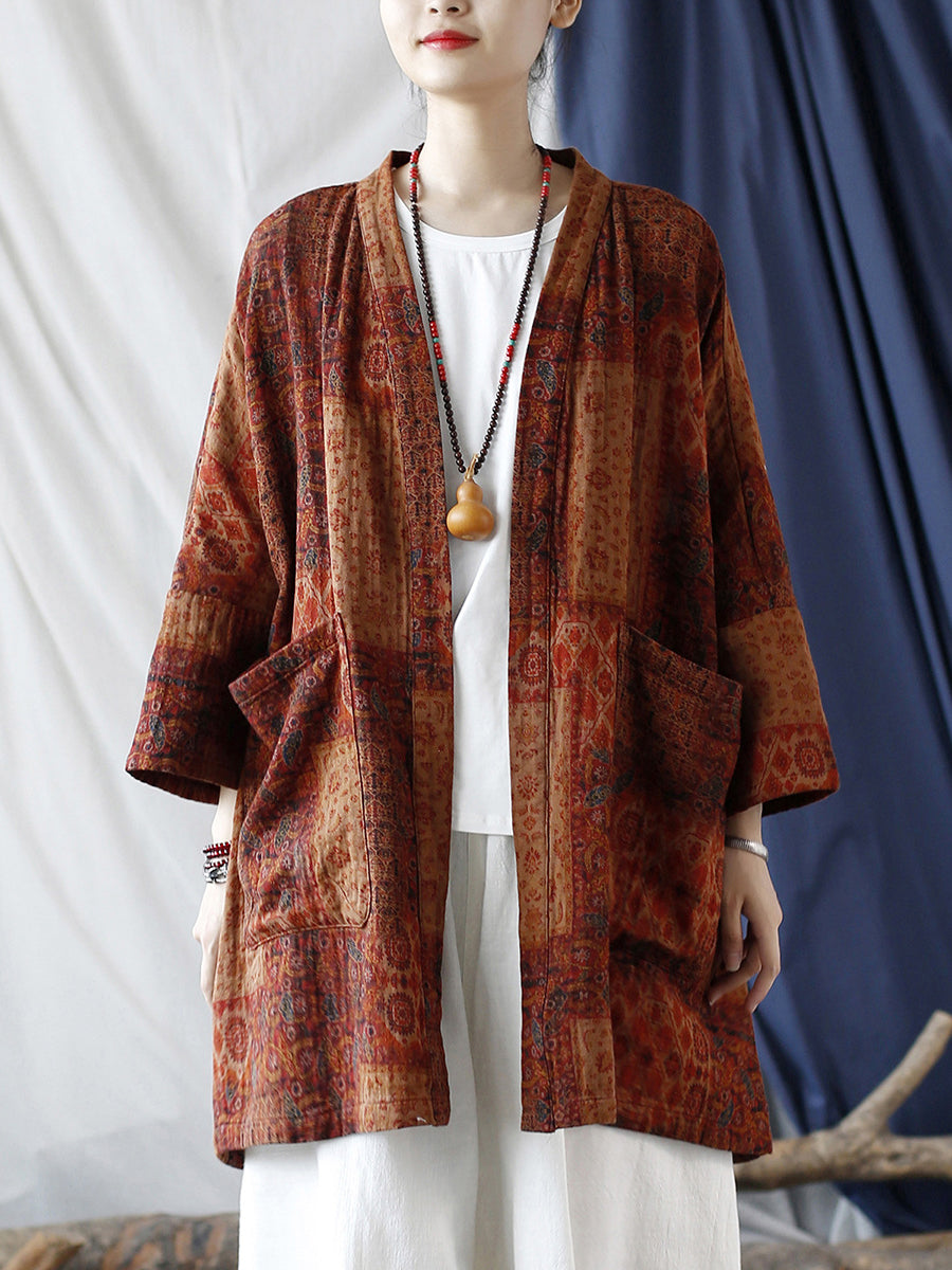 Plus Size  Women Autumn Ethnic Pocket Loose Print Loose Coat