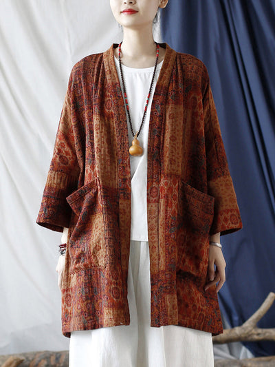 Plus Size  Women Autumn Ethnic Pocket Loose Print Loose Coat