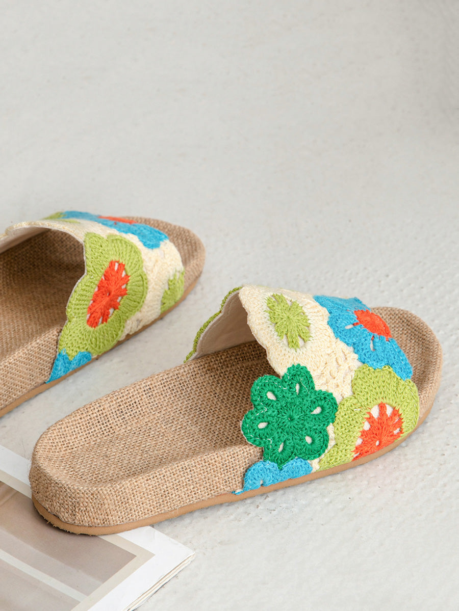 Women Summer Linen Knitted Flower Spliced Slippers
