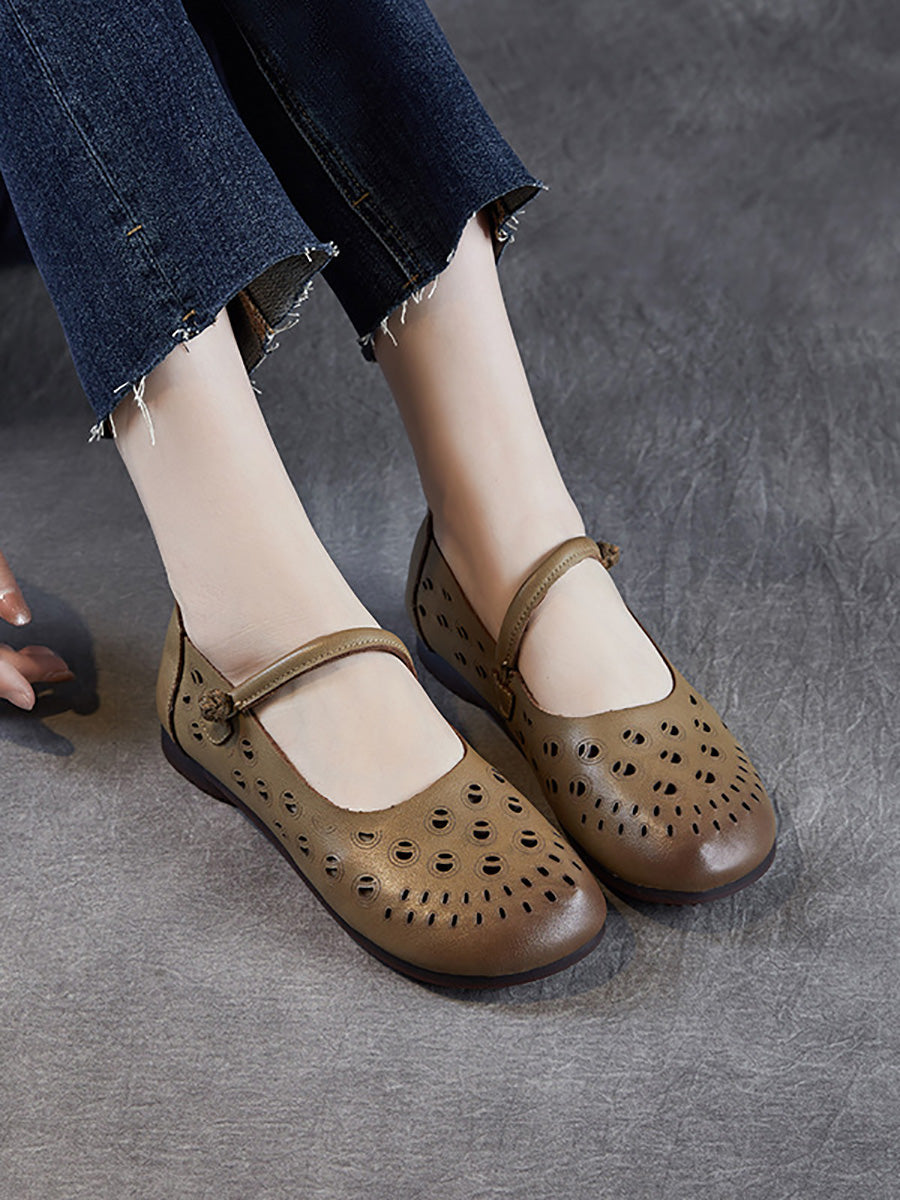 Women Summer Genuine Leather Hollow Out Low Heel Shoes