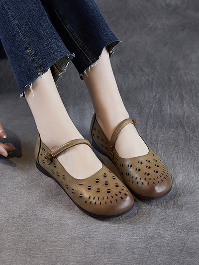 Women Summer Genuine Leather Hollow Out Low Heel Shoes