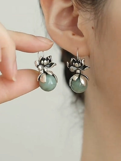 Women Vintage Jade Lotus Alloy Earrings