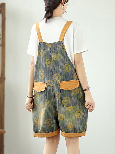 Women Summer Flower Colorblock Denim Short Jumpsuits