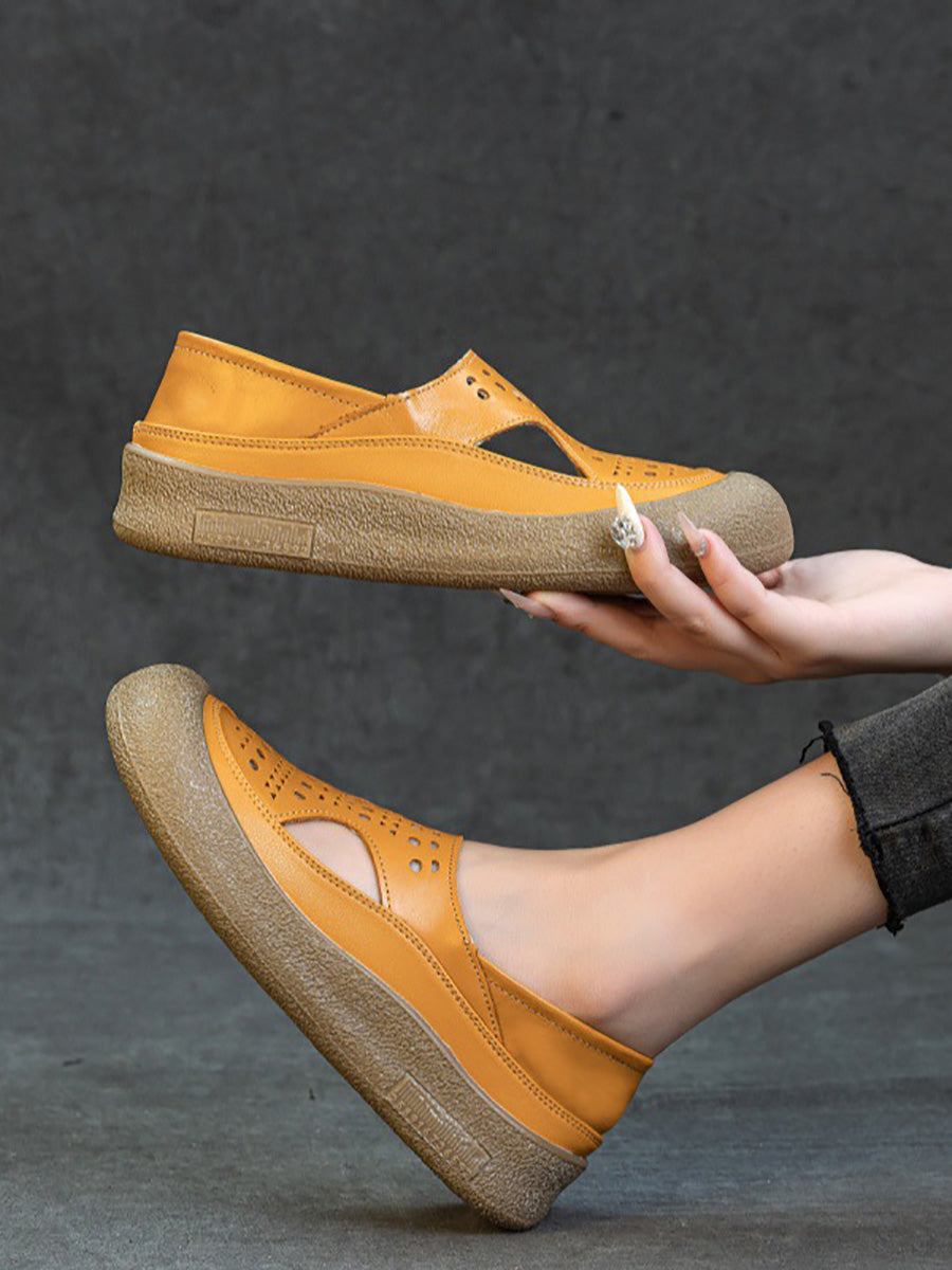 Women Summer Casual Hollow Out Leather Flat Shoes