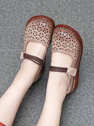 Women Rtro Genuine Leather Hollow Out Low Heel Shoes