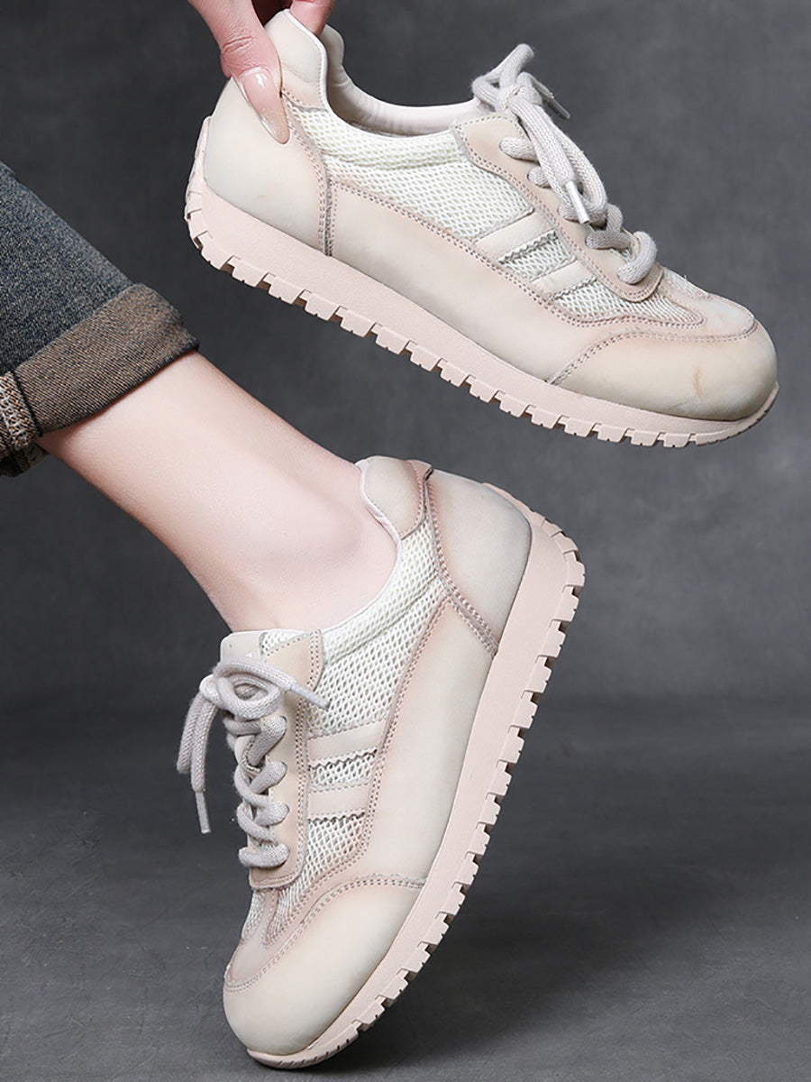 Women Casual Genuine Leather Spliced Flat Sport Shoes