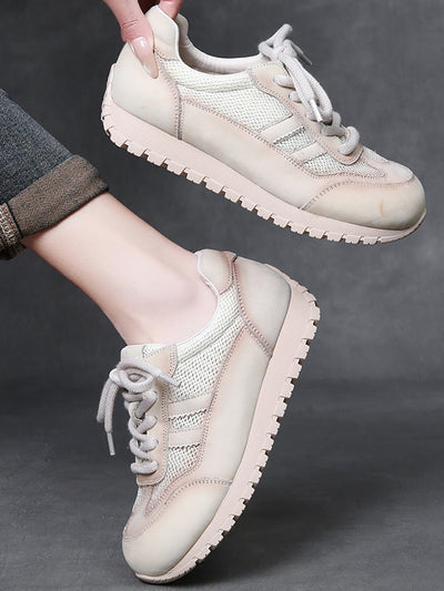 Women Casual Genuine Leather Spliced Flat Sport Shoes