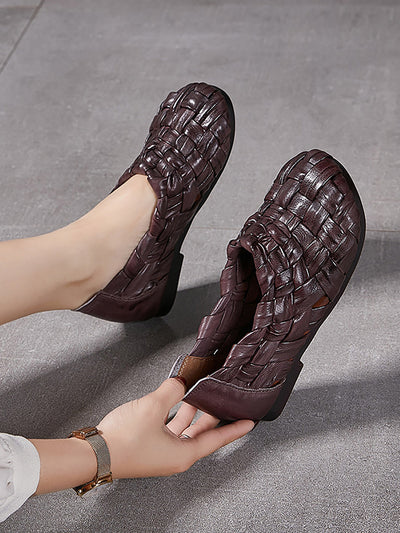 Women Summer Casual Leather Weave Low Heel Shoes