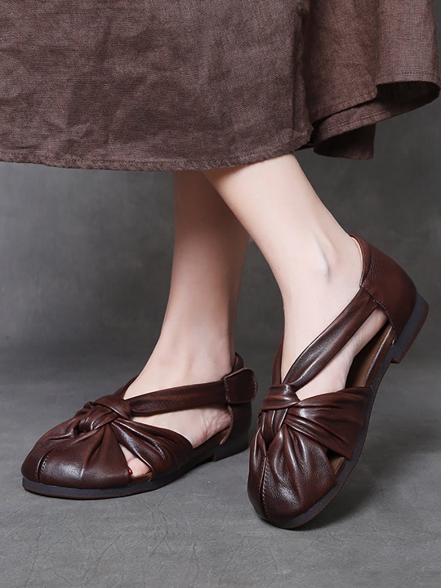 Women Summer Vintage Genuine Leather Spliced Sandals