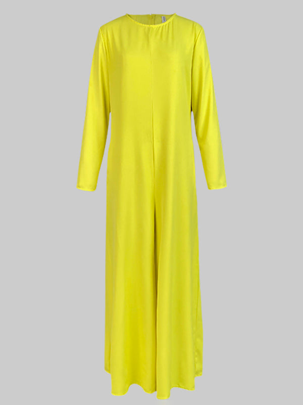 Loose Wide Leg Pockets Solid Color Round-Neck Jumpsuits