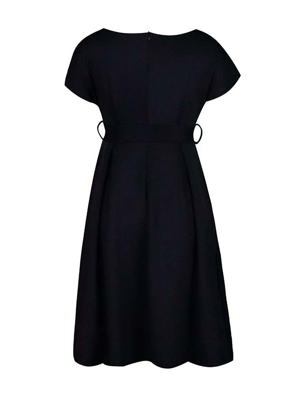 Bowknot Lace-Up Solid Color V-Neck Midi Dresses