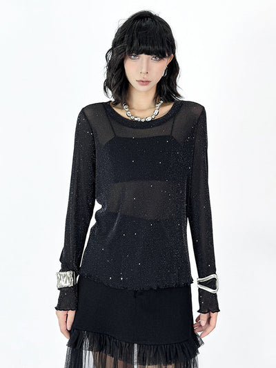 Long Sleeves Loose See-Through Shiny Round-Neck T-Shirts Tops