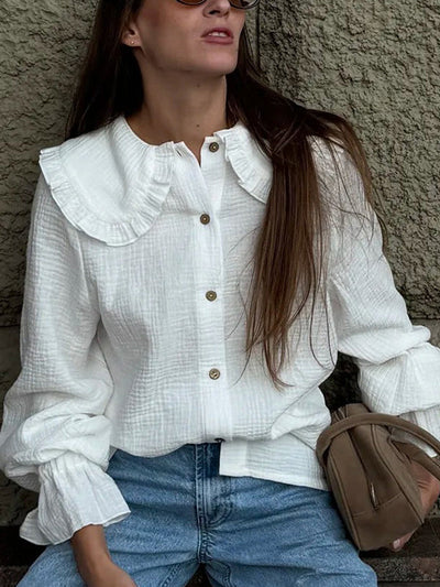 Long Sleeves Ruffled See-Through Split-Joint Peter Pan Collar Blouses&Shirts Tops